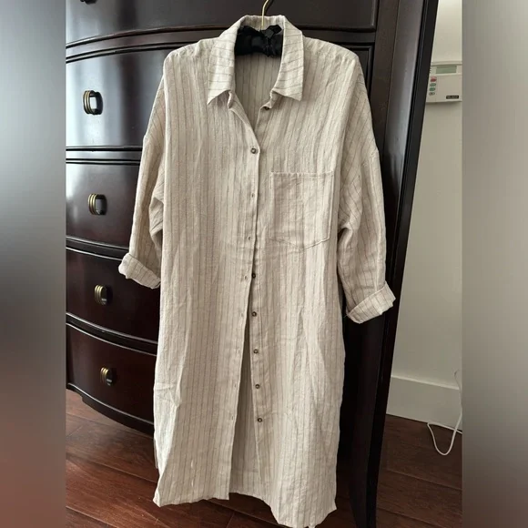 Rebecca King one-of-a-kind sample oatmeal linen stripe duster with pockets - Picture 4 of 15